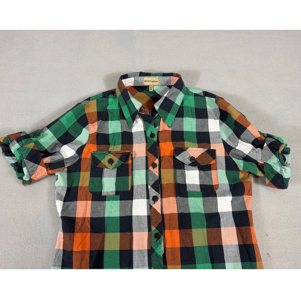 NA NA Fashion Womens Green Orange Plaid Roll Tab Short Sleeve Button Up‎ Shirt